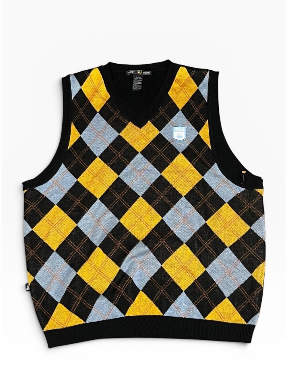 First Down Mens XL Argyle Golf Sweater Vest Black Yellow Blue Preppy Korea